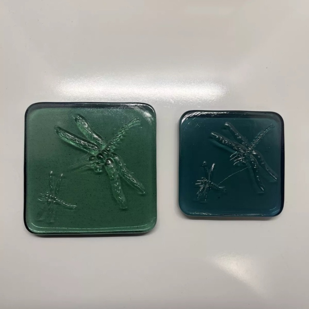 Lot of 2 - Vintage Green Dragonfly Glass Block Square Paperweights